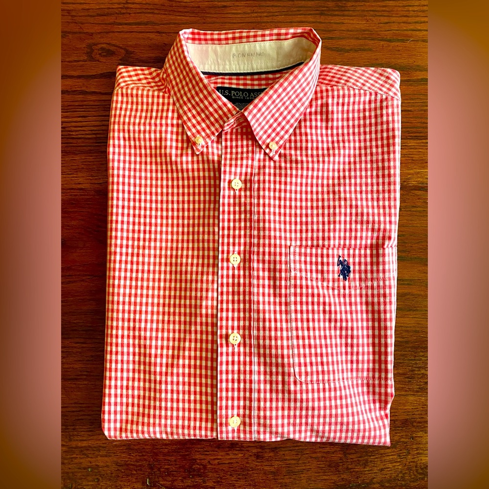 US Polo ASSN Button Down Shirt Classic Gingham Plaid Coral Pink White Size XLT.